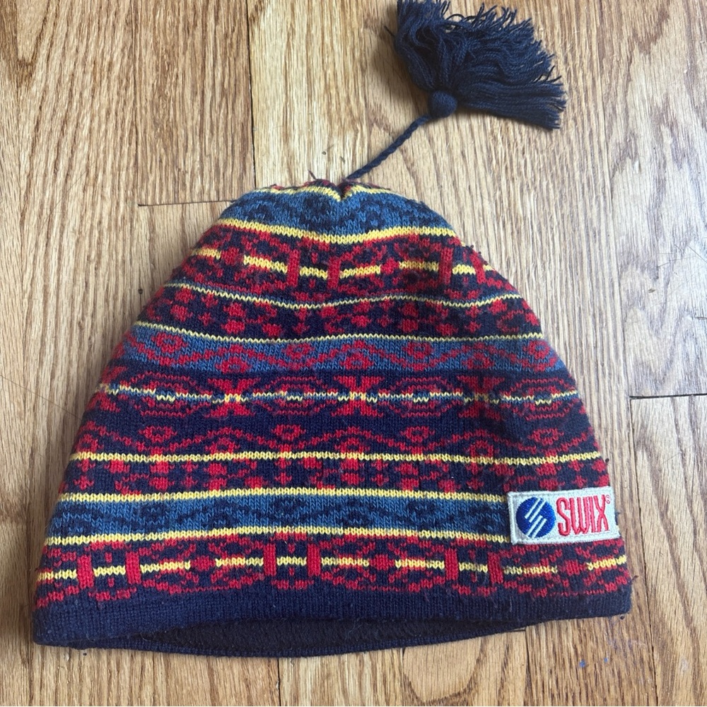 Vintage Swix Sport Beanie Wool Colorful Pattern Winter Hat Ski Swedish Nordic